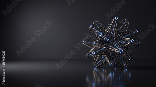 Metallic geometric sculpture features glowing blue LED nodes and complex interconnected wire frame design captured with sharp cinematic studio lighting