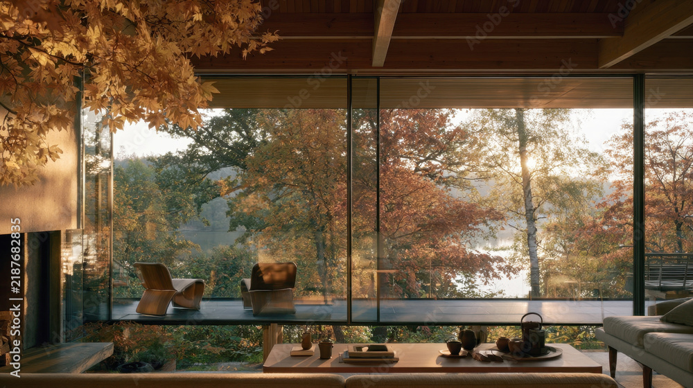Fototapeta premium cozy modern living room with large glass window overlooking colorful autumn forest and calm lake during golden hour, elegant wooden interior with fireplace, comfortable chairs, peaceful natural light