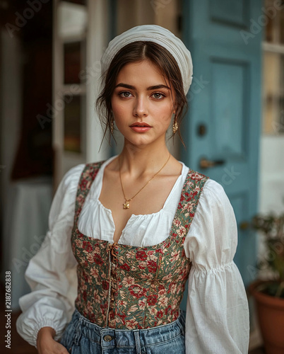 young woman wearing European folk apparel, specifically resembling traditional Alpine regional attire like the Dirndl worn in Austria, Bavaria, and South Tyrol. and jeans