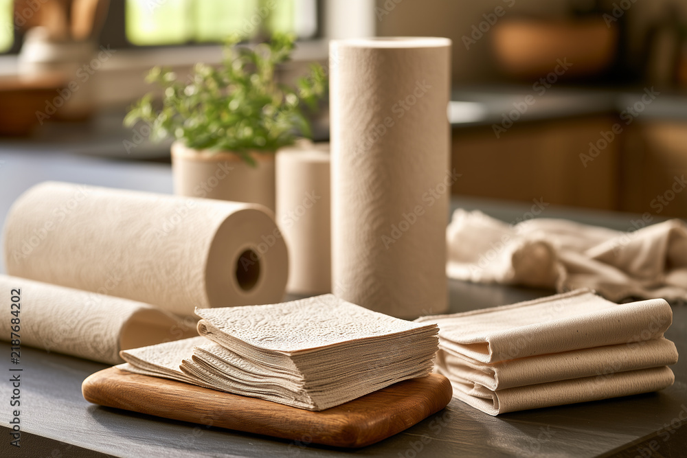 Fototapeta premium Paper kitchen towels and folded paper on a wooden surface in a kitchen setting with plants and natural light