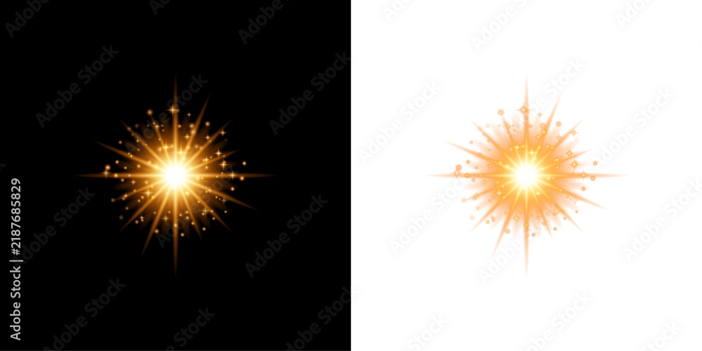 Fototapeta premium Bright golden glowing star light effect on transparent background for creative design projects