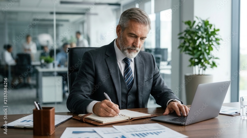 Obraz premium Legal consulting and corporate executive concept featuring a confident senior businessman in a formal suit writing notes and using a laptop at a workspace
