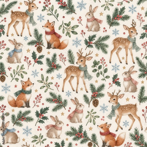 Seamless Winter Woodland Animal Pattern