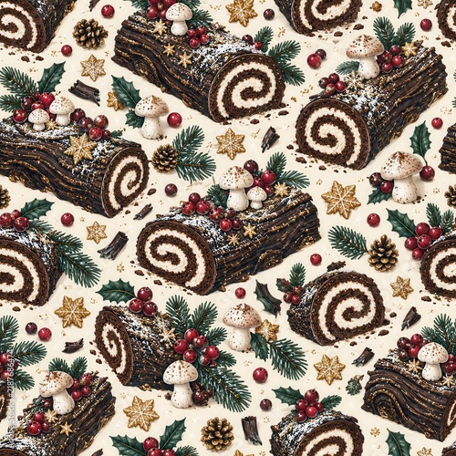 Seamless Yule Log Christmas Pattern with Festive Decorations