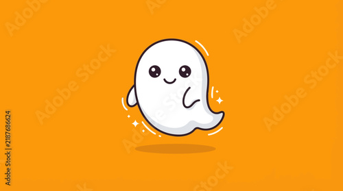 Quadro su tela Cute Cartoon Ghost Character With Sparkles On Orange Background.