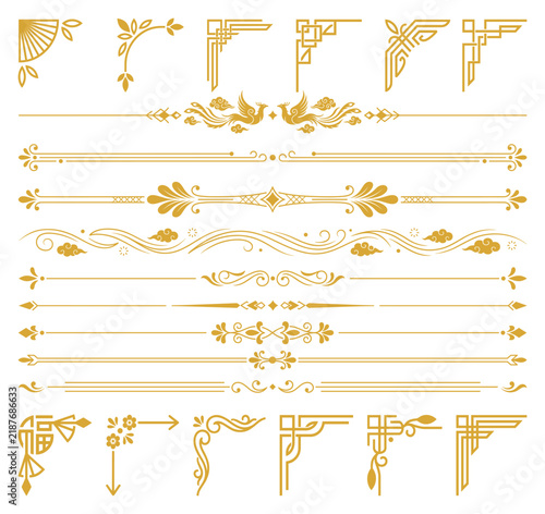 Golden ornamental dividers and corner frames with asian inspired phoenix and lotus motifs.