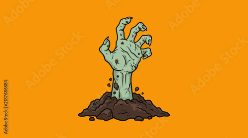 Green Zombie Hand Emerging From Dark Soil Mound.