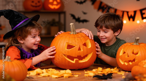 Kids carving pumpkin at Halloween 