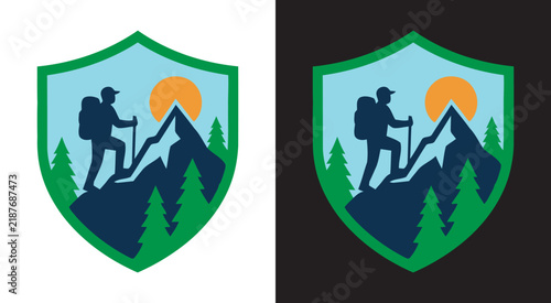 Hiker Backpacking Up Mountain Peak Badge Vector Illustration
