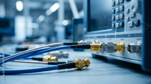 Electronic test equipment with RF connectors and multiple cables on a lab table.