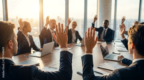 Business people raise hands to vote during an executive board meeting in a modern office.