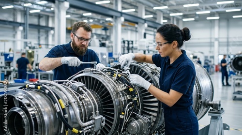 Aircraft mechanics team performing maintenance and quality control on a jet engine assembly.