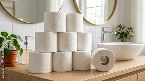 A large stack of ultrasoft toilet paper rolls in a cozy modern bathroom interior.