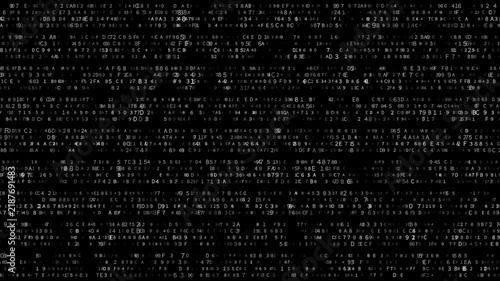 Abstract futuristic black and white hexadecimal code animation with flowing data and glow effect, ideal for AI, cybersecurity and digital tech themes, seamless loop with alpha channel background