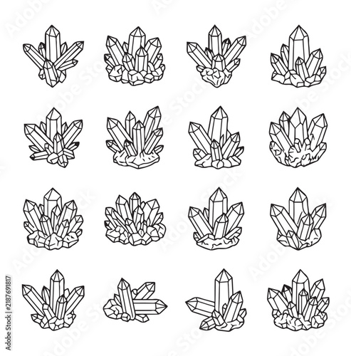 Cluster of quartz crystal formations hand-drawn in a minimalist line art style on a white background