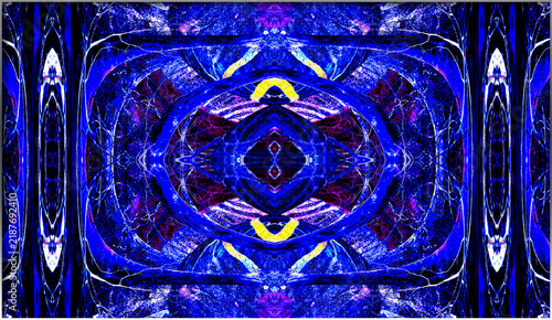 The image features a symmetrical abstract pattern with bold colors. Intricate lines and shapes create a mesmerizing and vivid visual.