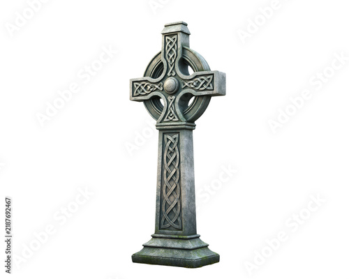 Weathered Celtic cross stands tall with detailed patterns
