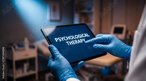 Naklejka Psychologist holding digital tablet with psychological therapy text in medical office