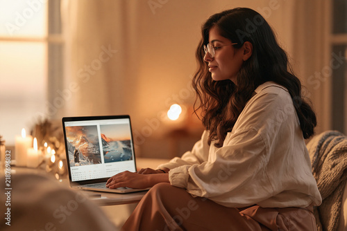 Woman working on a laptop at home with warm lighting and cozy ambiance  