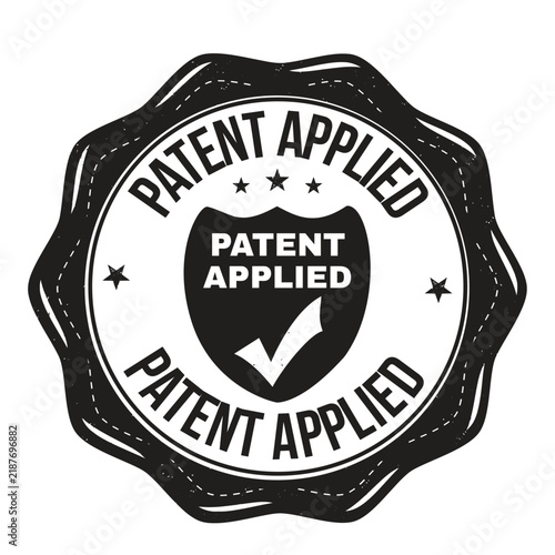 Patent applied label or stamp with shield and check mark
