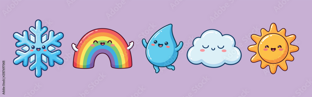 Obraz premium Cute weather characters vector illustration with snowflake, rainbow, water droplet, cloud, and sun
