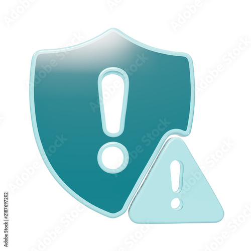 3D teal shield icon featuring an exclamation mark symbol with a smaller triangle warning sign overlay isolated on a transparent background