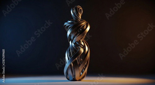 Abstract metallic sculpture with swirling ribbons forming a humanlike silhouette against a dark gradient background