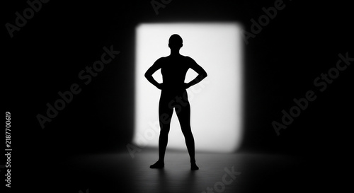 Silhouette of a confident person standing with hands on hips against a bright rectangular light source in a dark room
