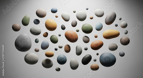 Collection of smooth river stones of various colors and sizes floating against a soft grey background