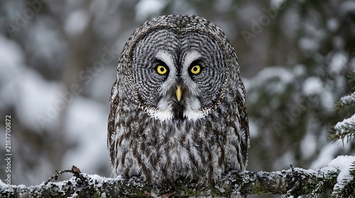 Great gray owl with bright yellow eyes sitting on a branch in the forest