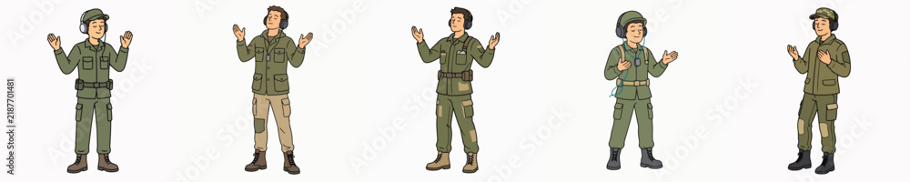 Fototapeta premium A set of vector illustrations featuring a male soldier listening to music on headphones, with his hands raised as he enjoys the song.