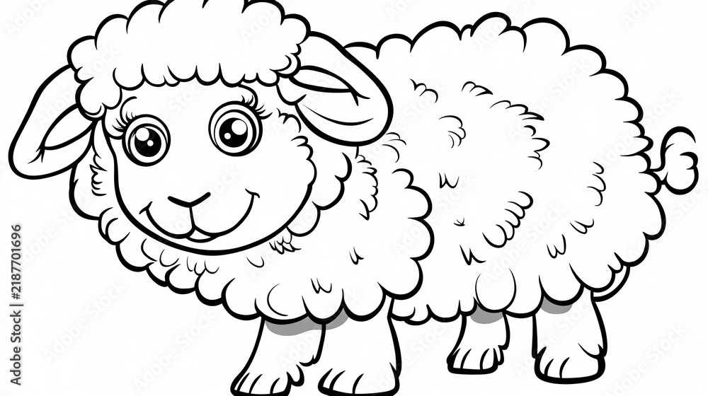 Obraz premium Black and white coloring page design featuring a cute cartoon ewe on an isolated white background.