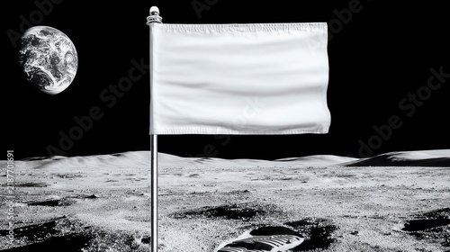 Blank white flag planted on lunar surface with earth visible in black sky, astronaut boot print nearby, moon landing homage