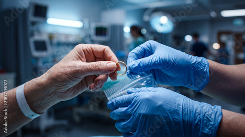 Senior patient handing wedding ring to nurse in hospital room for safekeeping