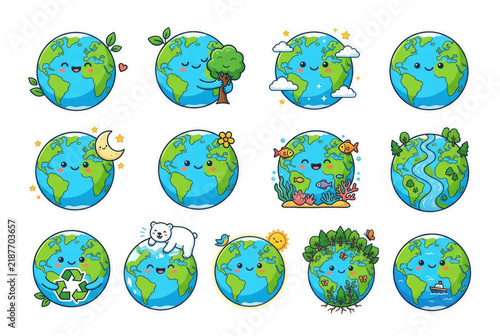 Set of cute Earth stickers showing smiling globes with nature and conservation symbols. Concept of environmental protection and global biodiversity. PNG