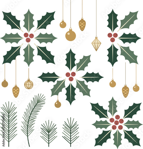 Holly sprigs and golden ornaments a vector illustration on a white background
