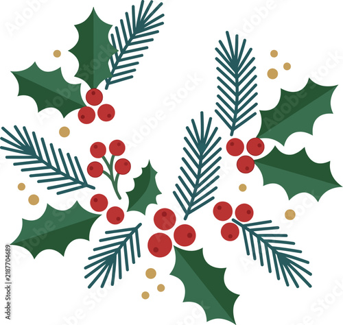 Holly sprigs and red berries illustration with a flat decorative style