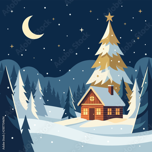 Winter scene depicts a cabin nestled among snow covered evergreen trees