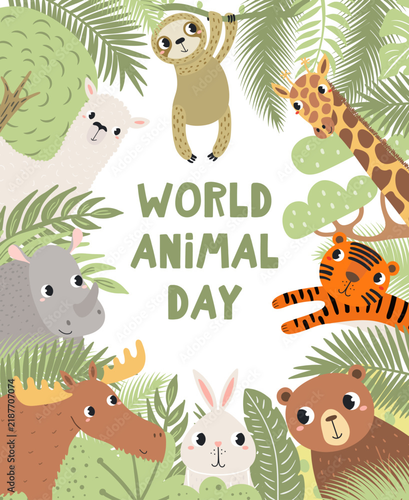 Fototapeta premium Cute wild animals World Animal Day design with text, plants. Tropical and woodland wildlife. Kawaii cartoon characters. Hand drawn flat vector illustration, design element for environment protection