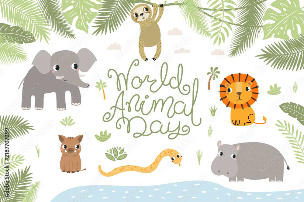 Fototapeta premium Cute wild animals World Animal Day design with text, plants. Tropical wildlife. Kawaii cartoon characters. Hand drawn flat vector illustration, design element for environment protection