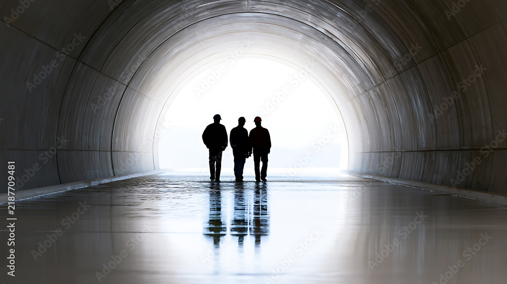 Fototapeta premium Silhouette of three construction workers walk through a dark industrial tunnel toward bright light exit representing hope and future success