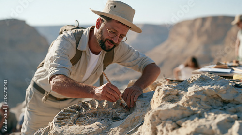 A tall bearded man with round glasses leans over a fossil dig site in a wide desert canyon, carefully brushing sediment from a large ammonite embedded in sandstone, paleontology