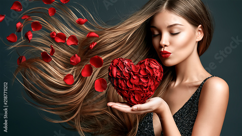 A beautiful, glamorous young woman with long hair holds a heart made of red rose petals in her hand.