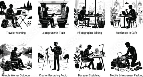 Set of black and white illustrations showing remote work