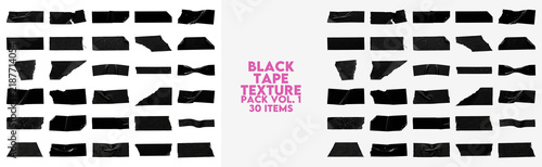 Collection of black adhesive tape strips, set of torn duct tape textures isolated on a transparent background for graphic design and digital scrapbooking projects