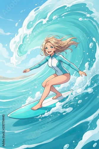 Happy young surfer riding her board through a swirling turquoise tunnel