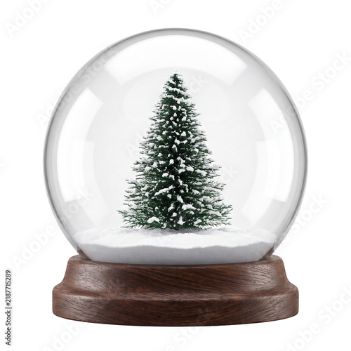 Snow globe isolated on a transparent or white background. Classic glass sphere with green pine tree for magical winter holiday celebration and festive Christmas decor.