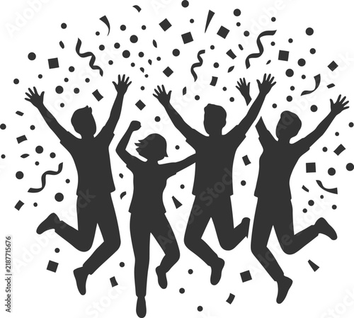 Silhouette of Happy People Jumping and Celebrating with Confetti