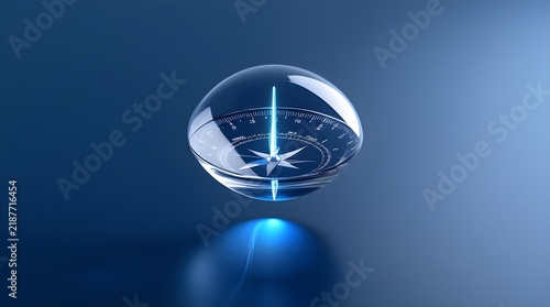A futuristic glass sphere compass glowing with vibrant blue light and displaying navigational coordinates and directional points, representing advanced technology, space travel, and innovation.
