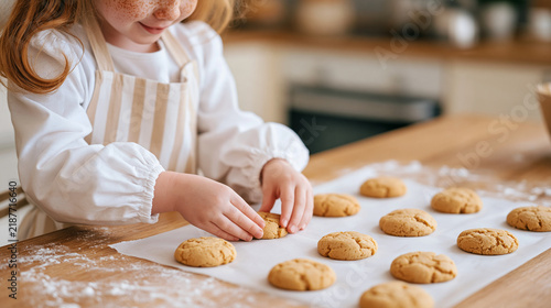 A redhead girl with freckles carefully placing warm golden homemade cookies onto parchment paper on a wooden kitchen counter dusted with flour, joyful baking moment, domestic